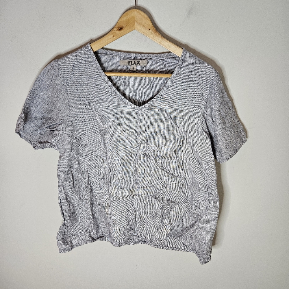 Flax Linen V Neck Top Gray Woven Sorry Sleeve Blouse Women's S Small